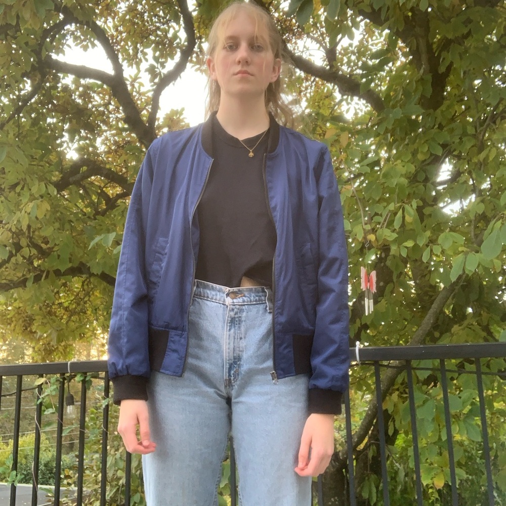 Anthropologie Blue Bomber Jacket with Ribbed Cuffs